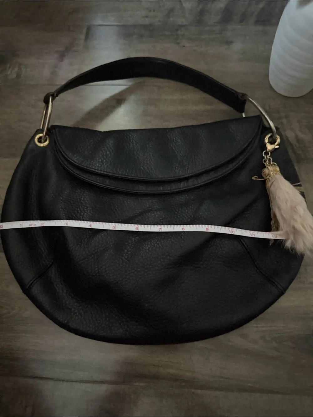 Vintage Juicy Couture Black Pebbled Leather Shoulder Bag with rabbit foot Tassel